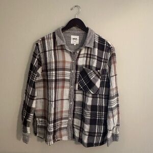 NWOT Aerie Soft Guaze Flannel Pajama Button Up Shirt Plaid White/Tan Medium
